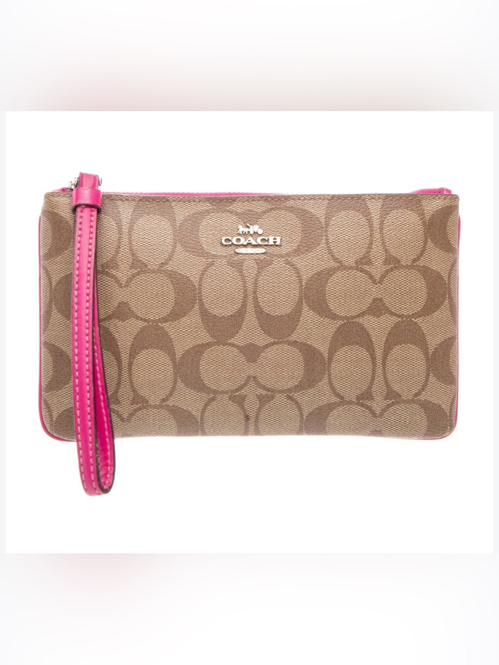 Coach Tan Signature Canvas Wristlet with Pink Trim